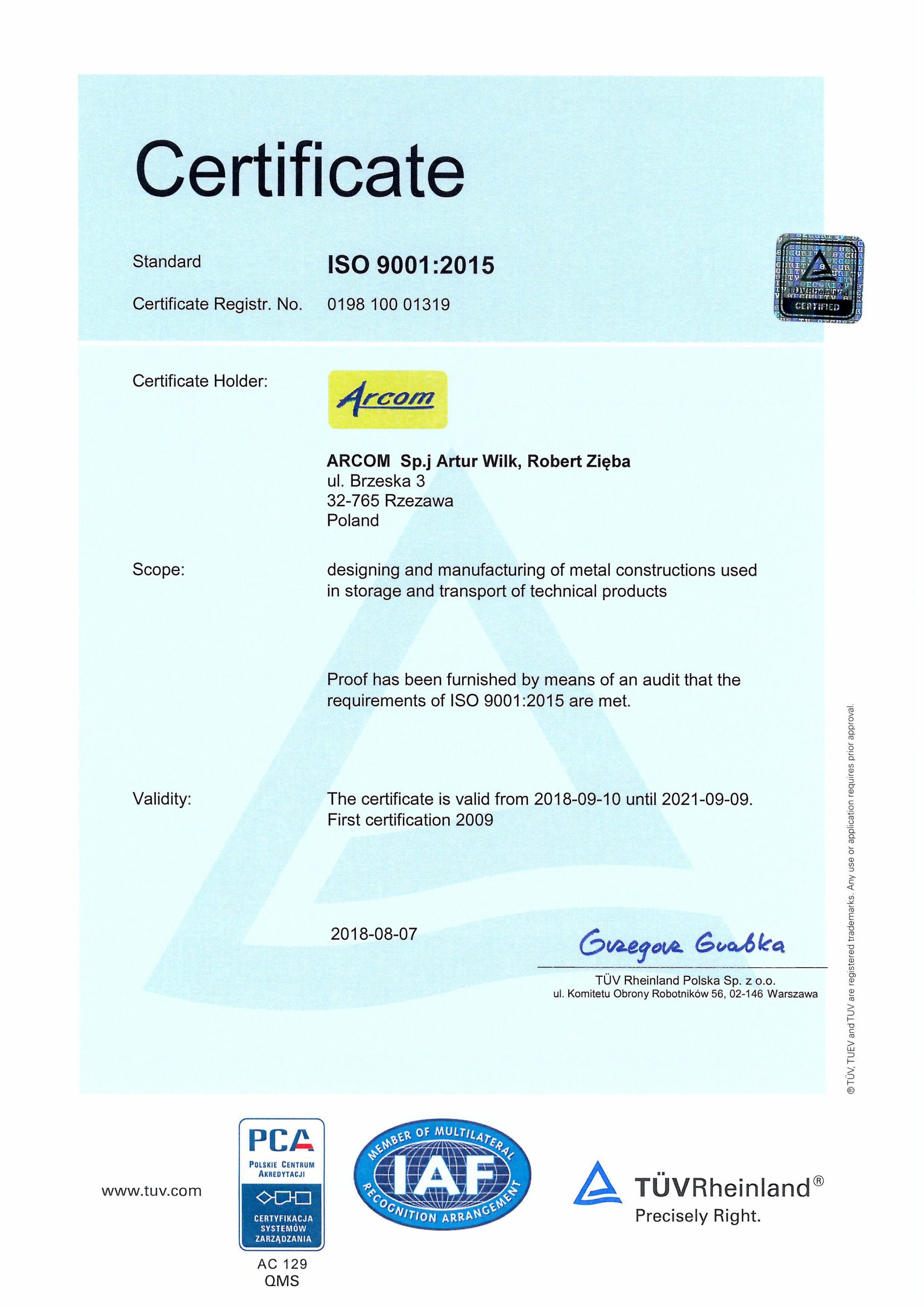 Arcom Reverse Arcom pozytywnie przeszedł certyfikację ISO 9001:2015 – Arcom